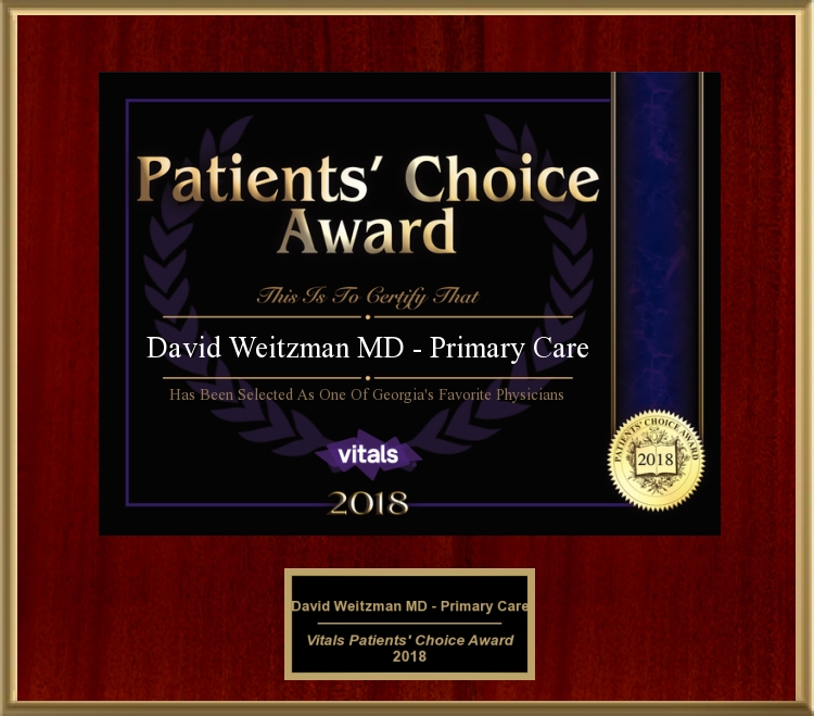 Dr. David Weitzman's Patient's Choice Award for 2018 for Concierge Medicine
