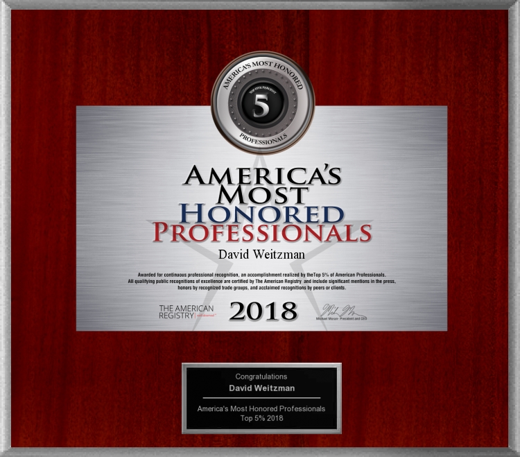 Dr. David Weitzman's Top 5 America's Most Honored Professionals for 2018 for Concierge Care for Concierge Medicine